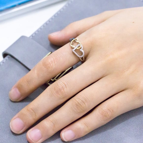 🔥925 Silver, 14K Gold Plated Double Heart CZ Ring for Women, GPMB1415 - Picture 4 of 5